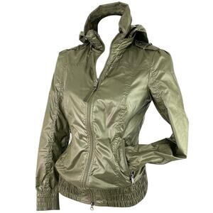 MACKAGE CAMO GREEN PACKABLE BOMBER RAIN JACKET WITH HIDDEN HOOD XS